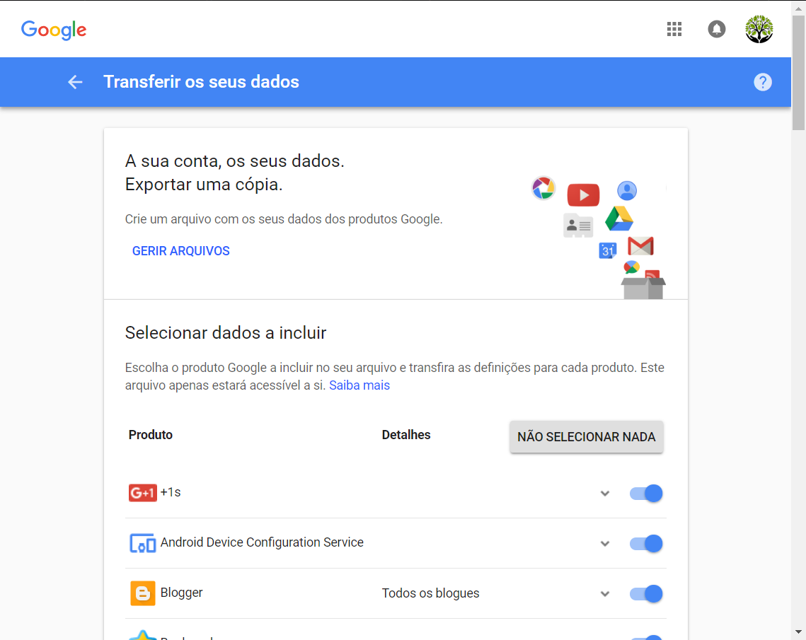 Google Takeout ecran inicial